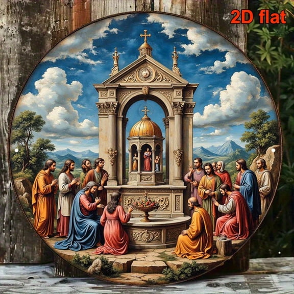 HELLOYOUNG Vintage Religious Wall Plaque Jesus Mary Sacred Heart Aluminum Round Sign for Church Home Altar Prayer Room Wall Decor with Hanging Hole