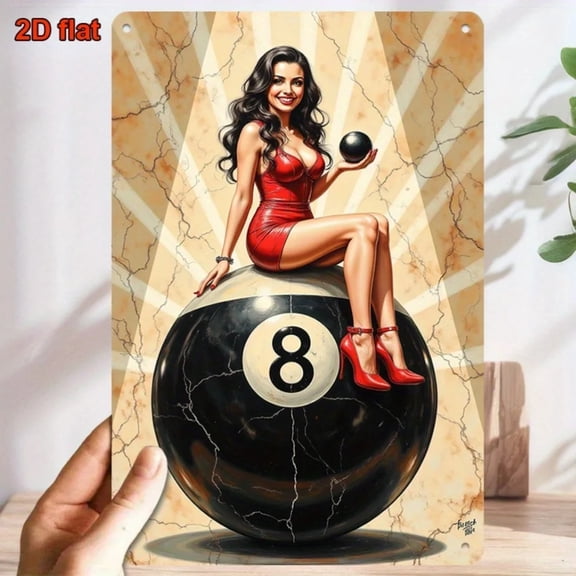 HELLOYOUNG Vintage Retro Metal Plaque with Sexy Red-Dressed Woman & 8-Ball for Bars Pool Halls Game Rooms