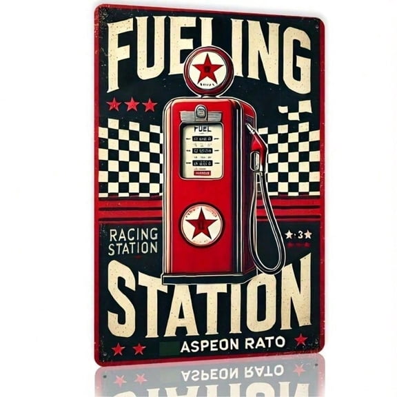 HELLOYOUNG Vintage Retro Racing Metal Sign 1950s Gas Station Decor, Classic Car Garage Wall Art for Men Man Cave with Fuel Nozzle