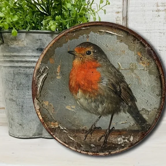 HELLOYOUNG Vintage Robin Aluminum Wall Sign Round 2D Flat Rustic Bird Art Distressed Finish String-Mounted Home Bar Decor