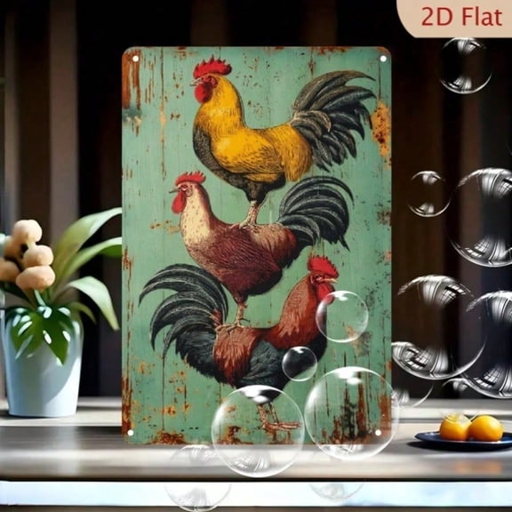 HELLOYOUNG Vintage Rooster Metal Sign Wall Decor 2D Rustic Farmhouse Chicken Art Retro Country Kitchen Decor Weather-Resistant Hanging