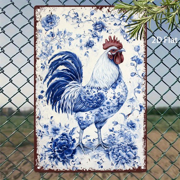 HELLOYOUNG Vintage Rooster Metal Wall Art, 20x30cm Blue White Tin Sign for Beach House, Rustic Farmhouse Kitchen Decor