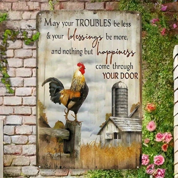 HELLOYOUNG Vintage Rooster Metal Wall Art Rustic Farmhouse Tin Sign Inspirational Quote 2D Flat Durable Aluminum Decor for Home Kitchen 12x12 Inch