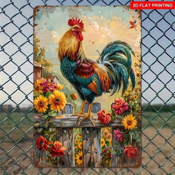 HELLOYOUNG Vintage Rooster Sunflower Metal Tin Sign Retro Rustic Wall Art Decor for Home Bar Farmhouse Kitchen, Unique Multipurpose Gift