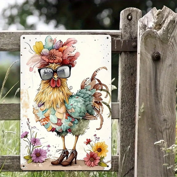HELLOYOUNG Vintage Rooster Tin Sign Wall Decor 8x12 Inch Retro Metal Art, Farmhouse Kitchen Decor with Glasses & Boots, Rustic Home Bar Cafe Art