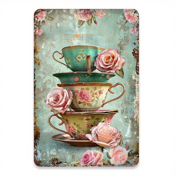 HELLOYOUNG Vintage Rose Tea Cup Iron Wall Art 8x12 Inch Rustic Metal Sign for Coffee Shop Decor Indoor Outdoor Wall Decor