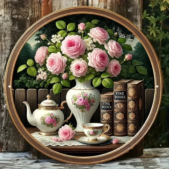 HELLOYOUNG Vintage Rose Tea Set Tin Sign 8 Inch Round Aluminum Wall Decor for Kitchen Cafe Bar Home