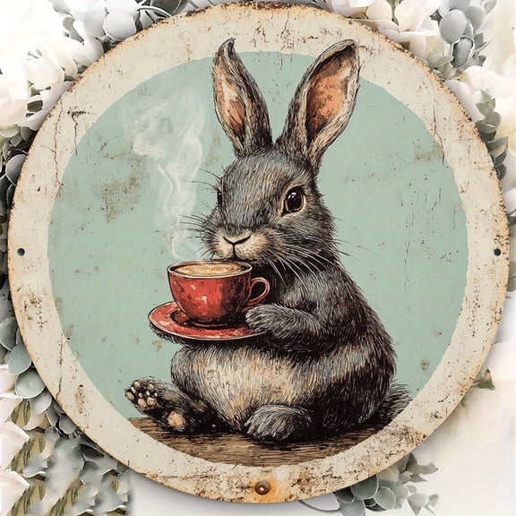 HELLOYOUNG Vintage Round Metal Sign 8 Inch Aluminum Wall Art Funny Rabbit with Coffee Cup Decor for Home Kitchen Cafe