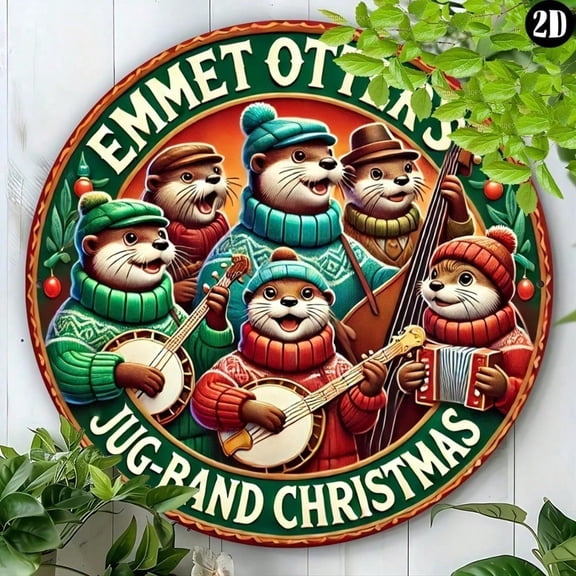 HELLOYOUNG Vintage Round Wooden Wall Decor Rustic Hanging Art Emmet Otter Christmas Sign for Home Living Room