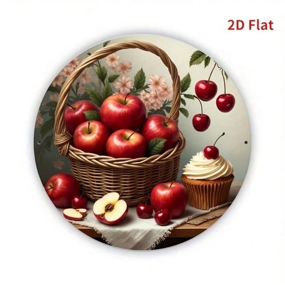 HELLOYOUNG Vintage Rustic Apple Metal Sign 8x8 Inch Round Wall Decoration for Farmhouse Kitchen, Apple Basket Home Decor with Ribbon, TikTok Trending Gift