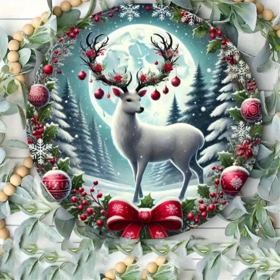 HELLOYOUNG Vintage Rustic Christmas Wall Decor 7.87" Round Aluminum Tin Sign Deer Pine Tree Snowflake Easy Hang
