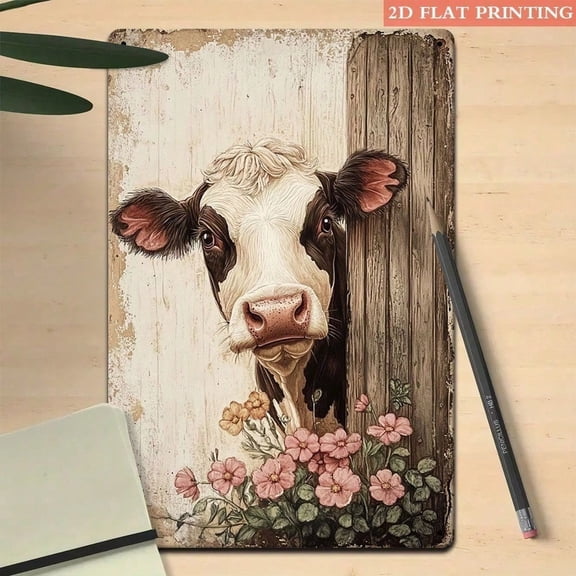 HELLOYOUNG Vintage Rustic Cow Metal Wall Sign, 2D Flat Iron Plate Farmhouse Barn Kitchen Decor, 7.87x11.81 Inch