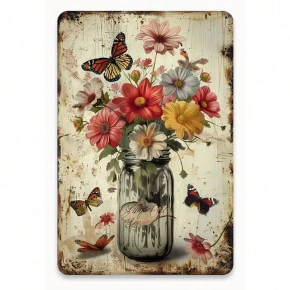 HELLOYOUNG Vintage Rustic Glass Jar Wall Decor, Floral Butterfly Metal Tin Sign, Farmhouse Rustic Charm for Living Room Bedroom