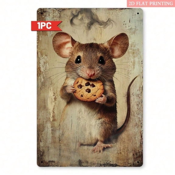 HELLOYOUNG Vintage Rustic Mouse Holding Cookie Metal Wall Art, 8x12 Inch 2D Flat Retro Decor Sign for Kitchen Living Room