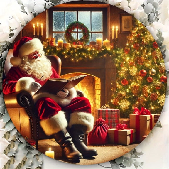 HELLOYOUNG Vintage Santa by Fireplace Metal Sign - Heavy Iron Christmas Art, Weatherproof Indoor/Outdoor Decor Perfect Holiday