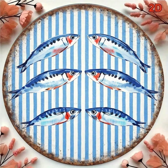 HELLOYOUNG Vintage Sardine Wall Art Round Seafood Plaque Mediterranean Nautical Decor Frameless Kitchen Bar Restaurant Sign Italian Fishing Tin Metal