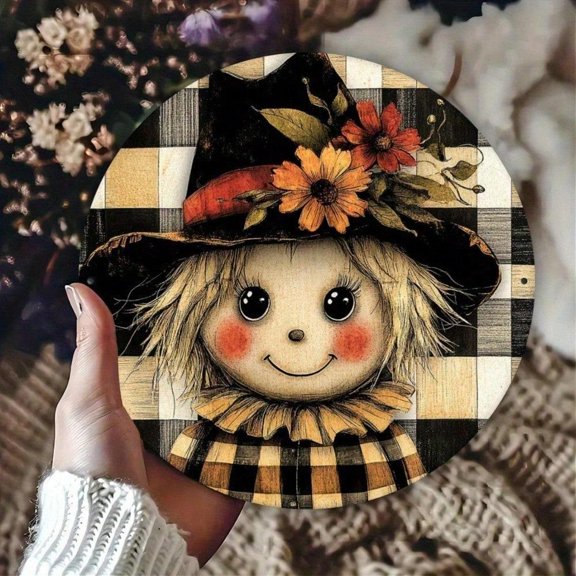HELLOYOUNG Vintage Scarecrow Tin Sign 8x8 Inch Floral Witch Hat Metal Poster Wall Art Decor for Farmhouse Kitchen Bathroom Indoor Outdoor Autumn Halloween Gift