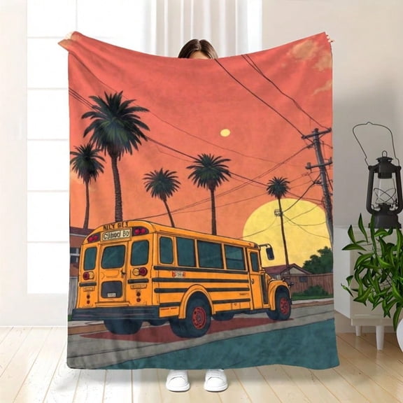 HELLOYOUNG Vintage School Bus Fleece Throw Blanket | Ultra Soft Lightweight Blanket for Bed and Sofa, Cozy Flannel Warm Retro 70s 80s Nostalgic Design with Sunset Palm Tree