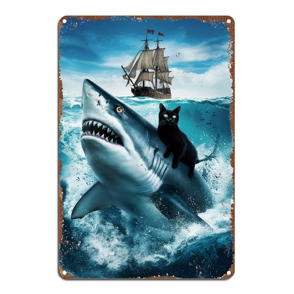 HELLOYOUNG Vintage Shark Metal Tin Sign, Ocean Themed Retro Wall Decor for Home Bar Cafe, Waterproof Rustic Tin Sign for Indoor Outdoor Decoration