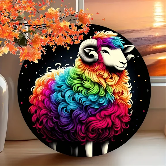 HELLOYOUNG Vintage Sheep Tin Sign 8x8 Inch Round Metal Wall Art Decor Colorful Farmhouse Decor for Home Kitchen Office