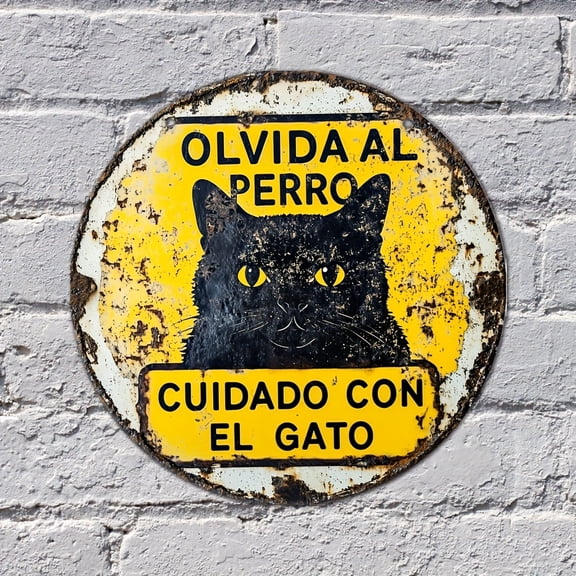 HELLOYOUNG Vintage 8 Inch Spanish Cat Warning Sign Metal Plaque Retro Black Yellow Wall Decor