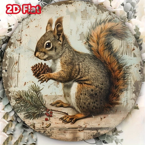 HELLOYOUNG Vintage Squirrel Pinecone Aluminum Wall Art 8x8 Inch Rustic Home Decor for Cafe Garage, Cute Garden Accent