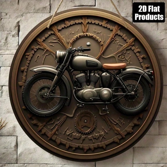 HELLOYOUNG Vintage Steampunk Motorcycle Wall Decor 8x8 Inch Round Wooden Gear Plaque Metal Gears Industrial Rustic Brown Black Accents for Garage Bar Home