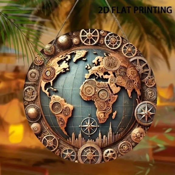 HELLOYOUNG Vintage Steampunk World Map Metal Tin Sign 20.32cm Round Wall Decor for Home Bar Unique Retro Art Gift