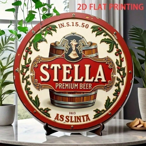 HELLOYOUNG Vintage Stella Premium Beer Tin Sign Retro Round Metal Wall Decor 8x8 Inch for Pub Bar Home Kitchen Cafe Art