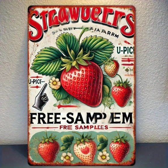 HELLOYOUNG Vintage Strawberry Farm Metal Tin Sign 8x12 Inch Rustic Iron Wall Decor Free Sample U-Pick Design Farmhouse Kitchen Art