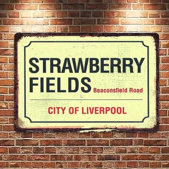 HELLOYOUNG Vintage Strawberry Fields Retro Metal Wall Art Sign - 7x11 Inch Rustic Iron Home Decor, Yellow Background with Black Red Text