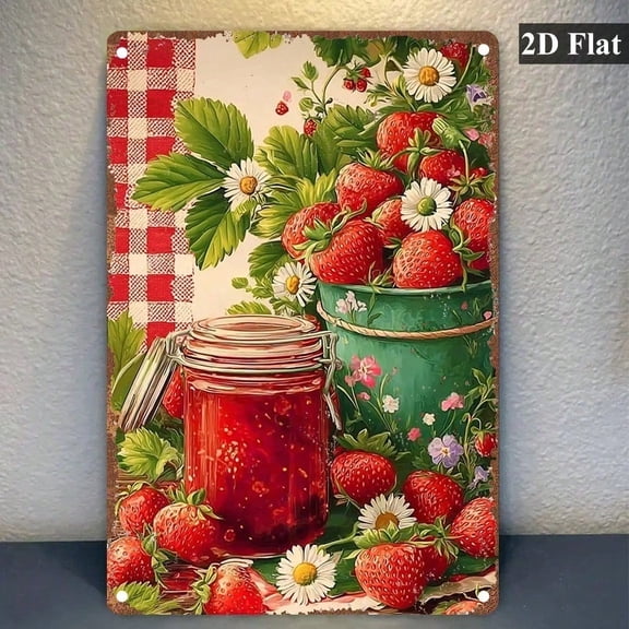 HELLOYOUNG Vintage Strawberry Jam Jar Metal Sign, Rustic Farmhouse Wall Art Decor, 2D Flat Nostalgic Bucket Tin Plate for Kitchen Living Room
