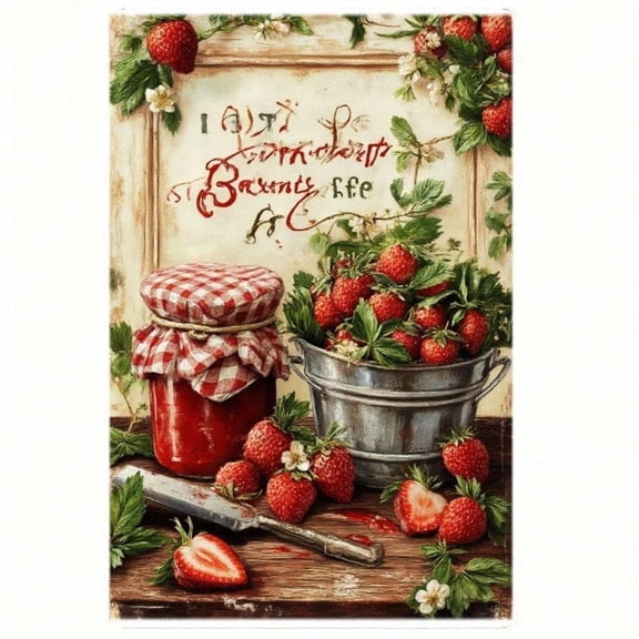 HELLOYOUNG Vintage Strawberry Jam Wall Decor, Rustic Farmhouse Metal Sign with Glass Jar Art Print for Kitchen Dining Room Home Decoration