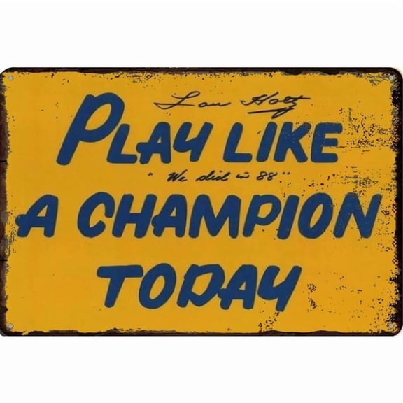HELLOYOUNG Vintage-Style 8X12 Inch Metal Sign "Play Like A Champion Today" - Ideal For Home, Bar, Office Wall Decor, Sports-Themed Art With Distressed Yellow Background