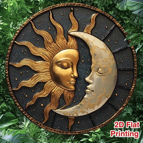 HELLOYOUNG Vintage Sun Moon Wreath Metal Wall Decor, 2D Round Flat Art Plaque for Home Living Room Kitchen Office