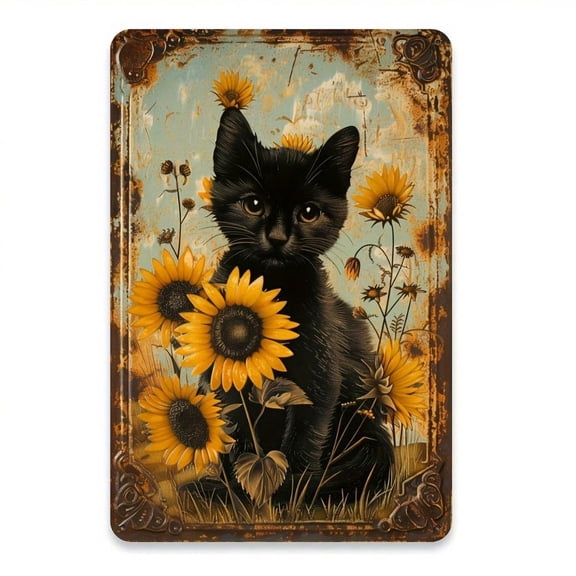HELLOYOUNG Vintage Sunflower Metal Wall Art Black Cat Rustic Iron Sign Farmhouse Kitchen Decor 8x12 Inch
