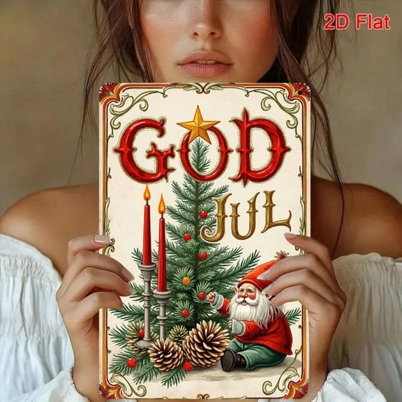 HELLOYOUNG Vintage Swedish Christmas Gnome Metal Wall Decor God Jul Merry Christmas 20x30 Cm Gold Framed Red Ornament For Living Room Study Indoor Outdoor Holiday Gift Idea Plaques & Signs