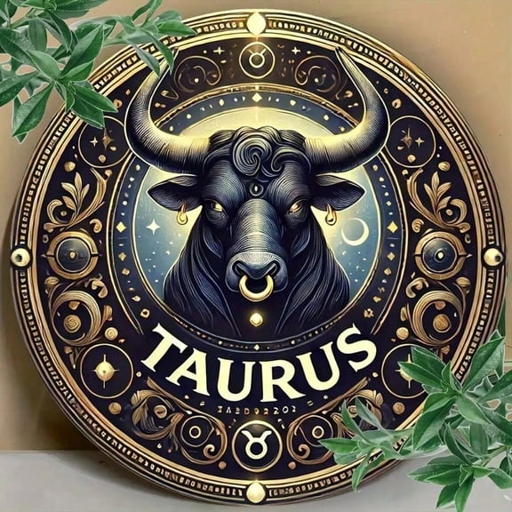 HELLOYOUNG Vintage Taurus Wall Art 8 Inch Round Bull Head Zodiac Metal Decor, Gold Black Constellation Design Aluminum Alloy Artwork for Home Office Decor