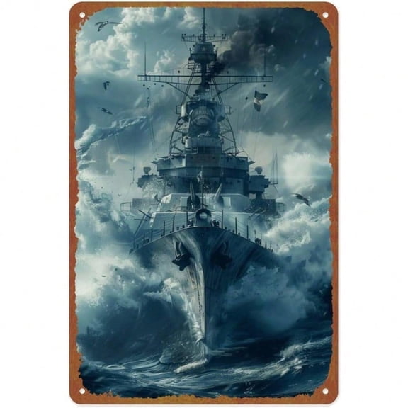 HELLOYOUNG Vintage Tin Metal Signs 8x12 Inch, Battleship Storm Poster Nautical Wall Art for Home Bar Garage Man Cave Decor