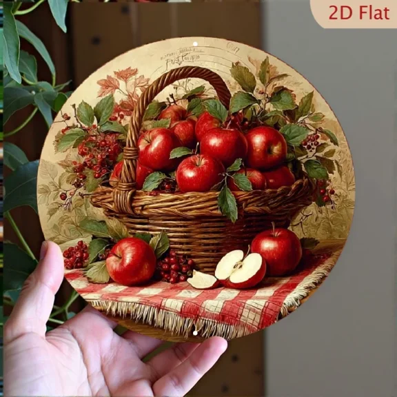 HELLOYOUNG Vintage Tin Painting Wall Art Rustic Round Basket with Apples Farmhouse Decor Aluminum Metal Sign for Kitchen Living Room Farmhouse Home Wall Hanging