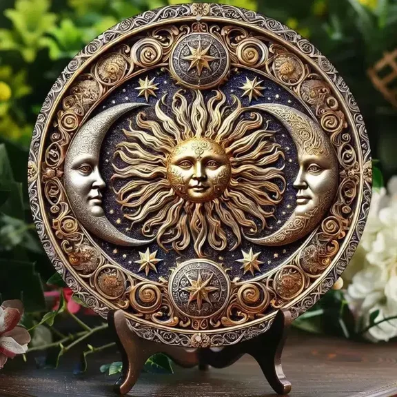 HELLOYOUNG Vintage Tin Plate Painting - Sun & Moon Themed Round Metal Decor Sign for Home, Cafe, and Restaurant Wall Decor