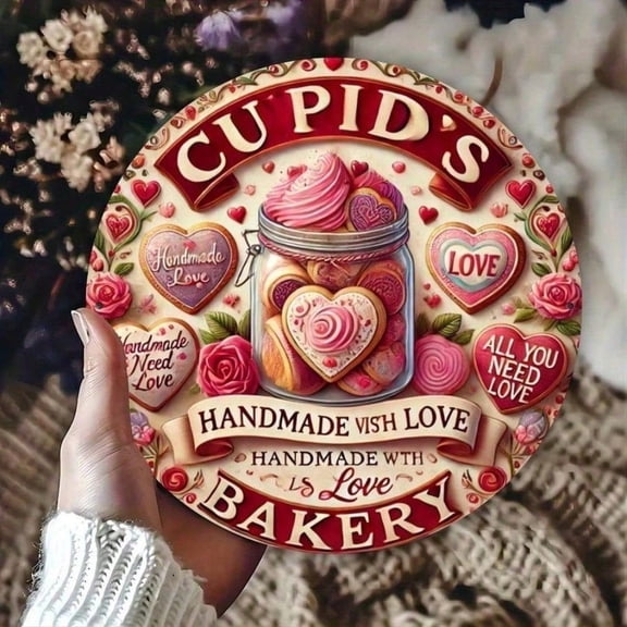 HELLOYOUNG Vintage Tin Sign 8 Inch Round Metal Wall Decor, Cupid's Bakery Romantic Kitchen Bedroom Home Decor, Retro Wall Art for Pub Cafe Garage