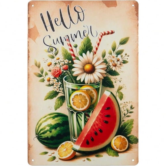 HELLOYOUNG Vintage Tin Sign 8x12 Inch Hello Summer Watermelon Retro Metal Sign for Wall Decor Kitchen Pub Bar Man Cave