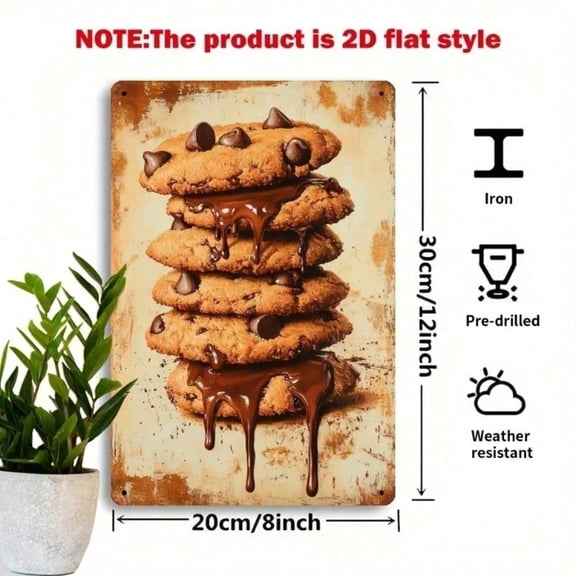 HELLOYOUNG Vintage Tin Sign 8x12 Inch Realistic Chocolate Chip Cookie Stack, Retro Metal Wall Art Decor for Kitchen Bakery Cafe Dessert Lover, Rustic Aluminum Wall Plaque