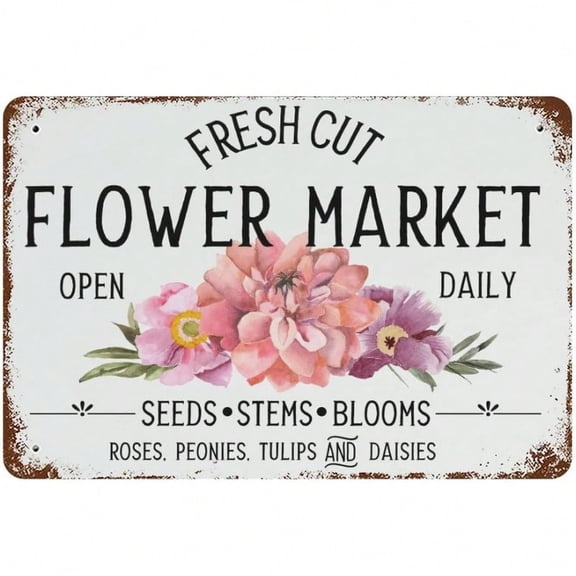 HELLOYOUNG Vintage Tin Sign Retro Coffee Shop Metal PosterVintage Flower Market Wall Decor for Kitchen Cafe BarRustic Metal Art Sign with Hangers for Home Office