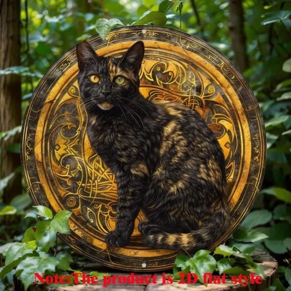 HELLOYOUNG Vintage Tin Wall Art 8x8 Inch Round Sign Rustic Cat Decor Tortoiseshell Design for Home Kitchen Cafe Living Room Pet Lovers Gift