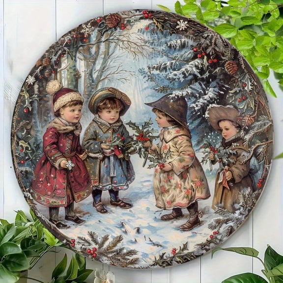 HELLOYOUNG Vintage Victorian Christmas Aluminum Wall Plaque - 8" Round Snowy Scene with Four Seasons' Best & Snowflakes Design