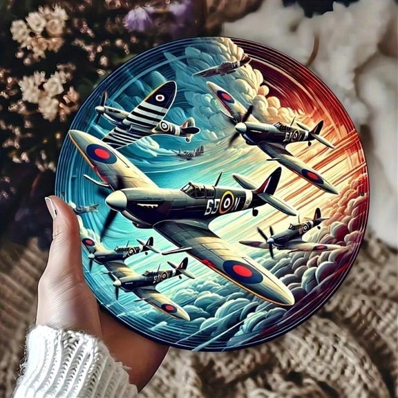 HELLOYOUNG Vintage WWII Spitfire Fighter Tin Sign 8x8 Inch Rustic Metal Plaque Battle Formation Wall Art Retro Decor for Man Cave Garage