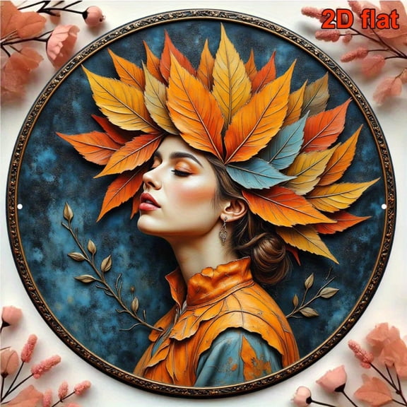 HELLOYOUNG Vintage Wall Art 8 Inch Round Aluminum Sign, Maple Leaf Goddess Home Decor for Living Room Bedroom Cafe, Fall Decor Indoor Metal Tin Sign