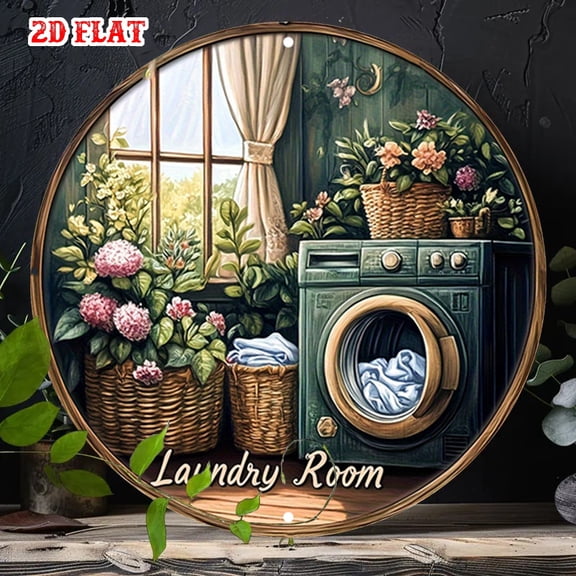 HELLOYOUNG Vintage Washing Machine Metal Wall Art, 2D Flat Floral Laundry Sign, Round Aluminum Decor for Home Office Cafe